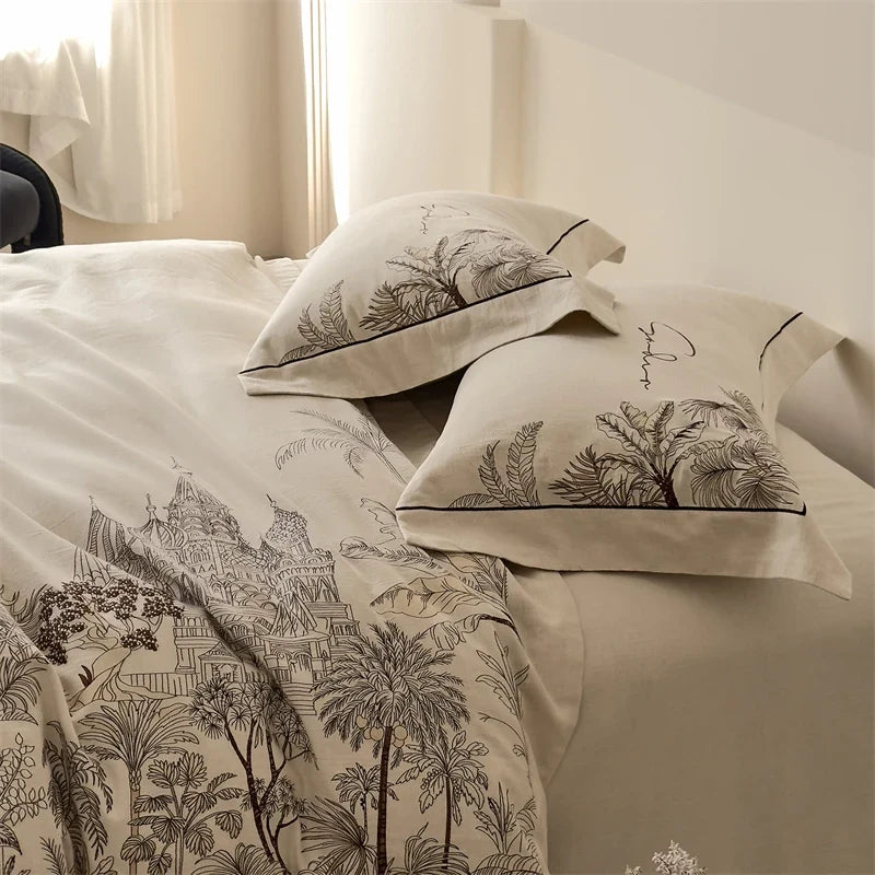 Neutral Cotton Linen Blend Vintage Bedding Set