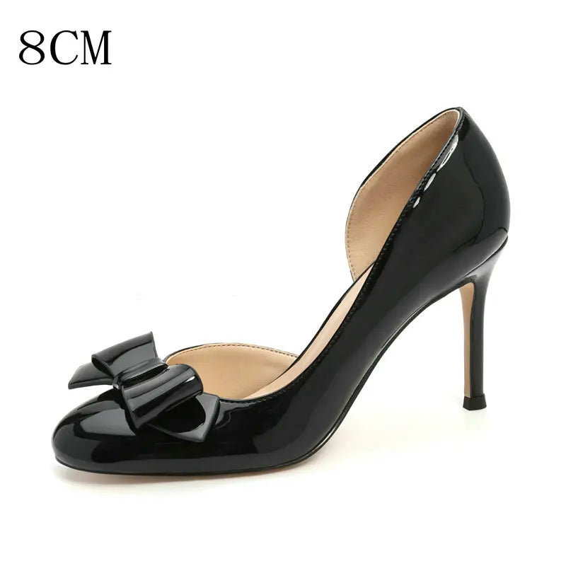 Patent Leather Round Head Bow Side Empty Nude High Heels