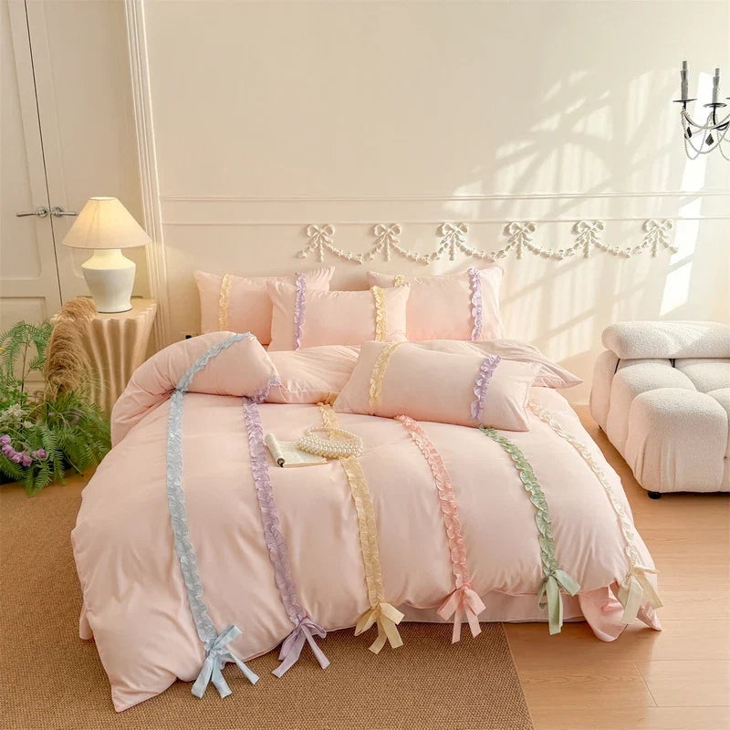 3/4Pcs Pink Ins-Style Princess Colorful Bow Bedding Set