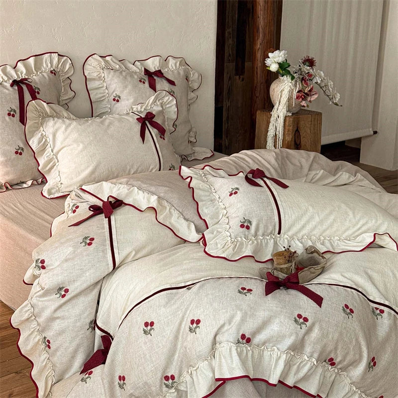 Cotton Linen Bedding Set, Cherry Embroidery with Ruffle & Bow, Farmhouse Style Duvet Cover Set, Soft Bed Linen Pillowcases 4Pcs