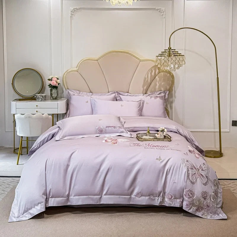 100% Cotton Butterfly Flowers Embroidery Luxury Bedding Set