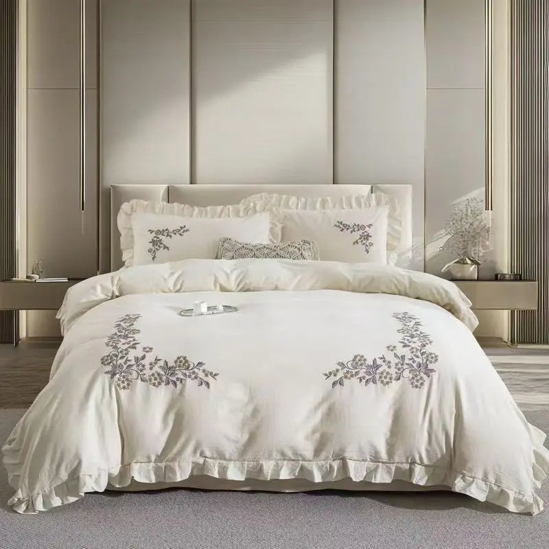 75% Cotton And 25% Linen Elegant Embroidery Ruffles Princess Luxury Bedding Set