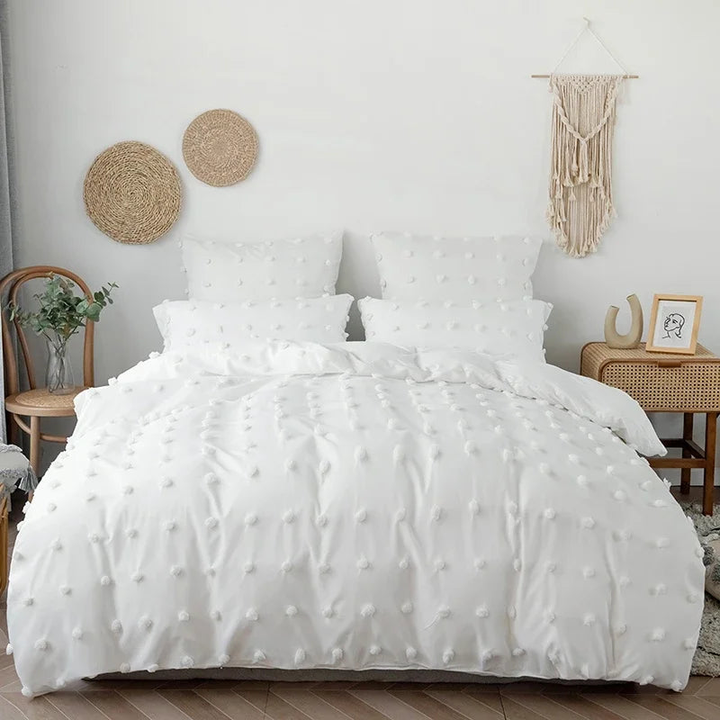 White Tufted Pom Pom Duvet Cover Set Soft Single Double Bedding Solid Color Quilt Cover with Pillowcases Queen King Bed Linen