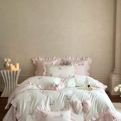 4Pcs Rose Embroidery Bow Ruffles Princess Wedding Bedding Set