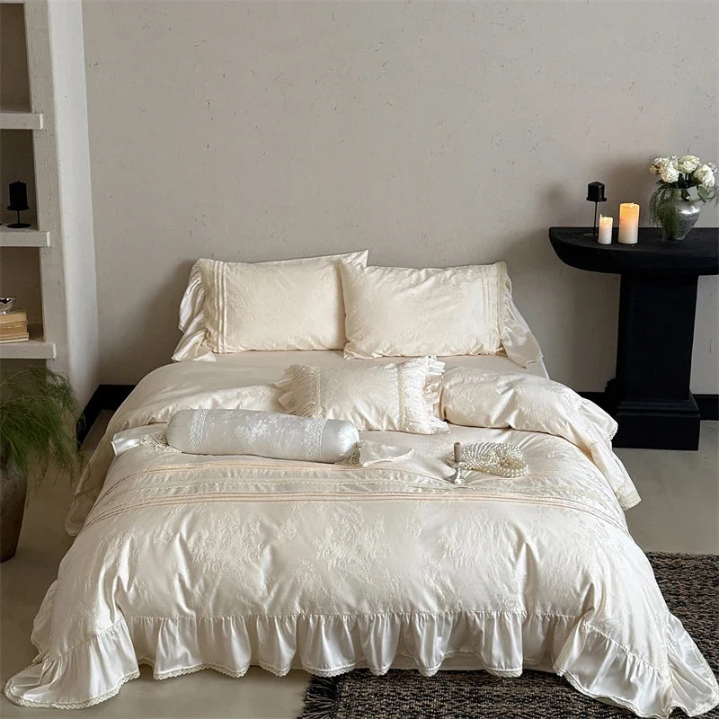Vintage Embossed Jacquard Lace Ruffles Bedding Set