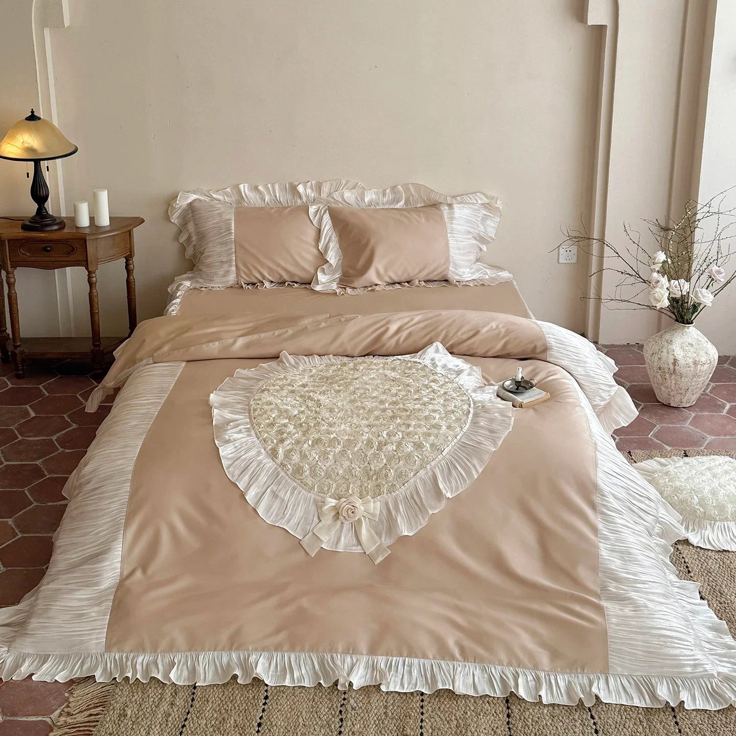 Raised Rose Embroidery Lace Ruffle Princess Bedding Set