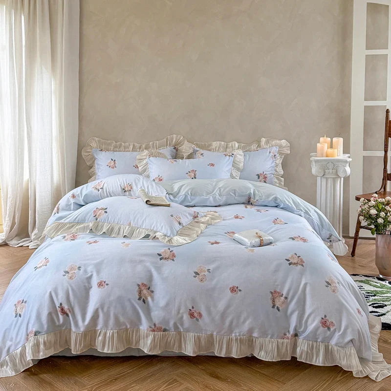 100% Cotton French Cottage Rose Print with Ruffle Trim Princess Bedding Set