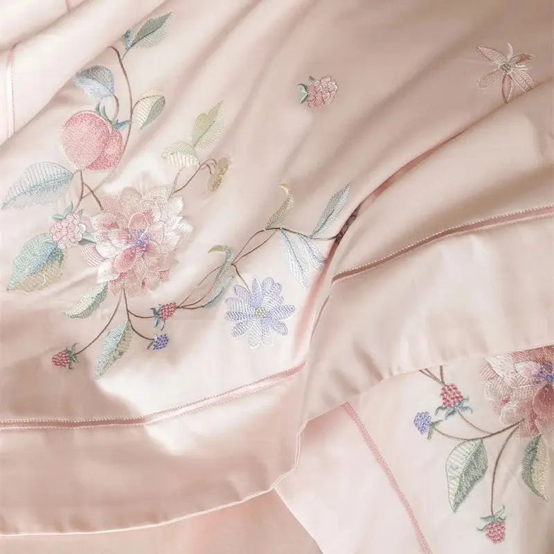 Premium 1000TC Egyptian Cotton Flowers Embroidery Pink Luxury Bedding Set