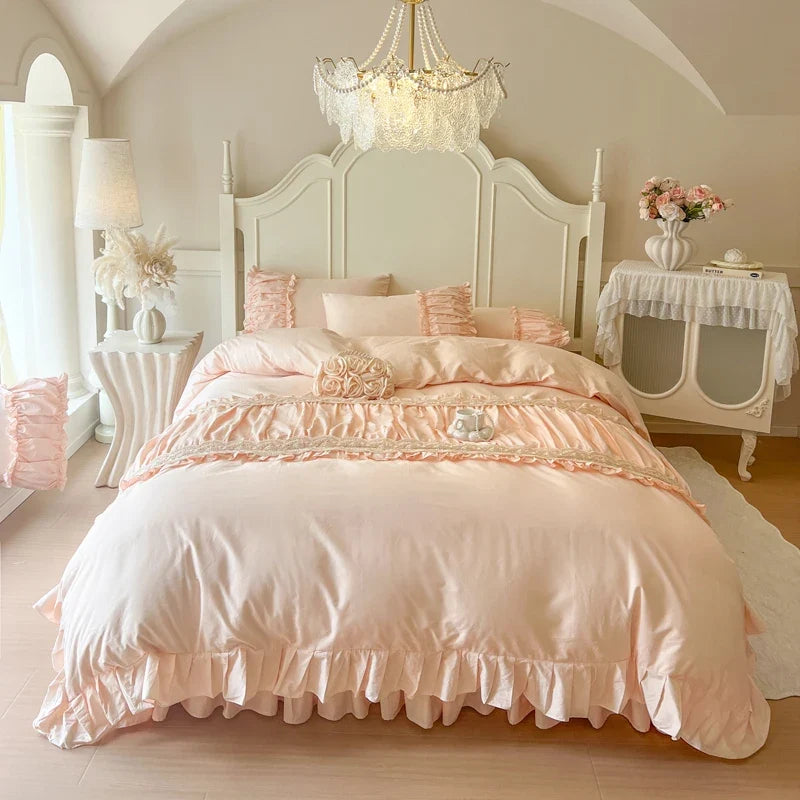 4/6Pcs Cream White Pink Princess Wedding Bedding Set
