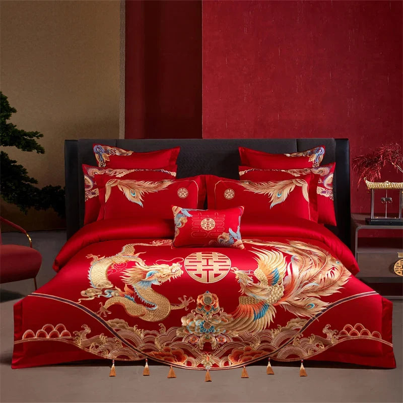 Luxury Chinese Style Wedding Dragon Phoenix Embroidery Red Bedding Set