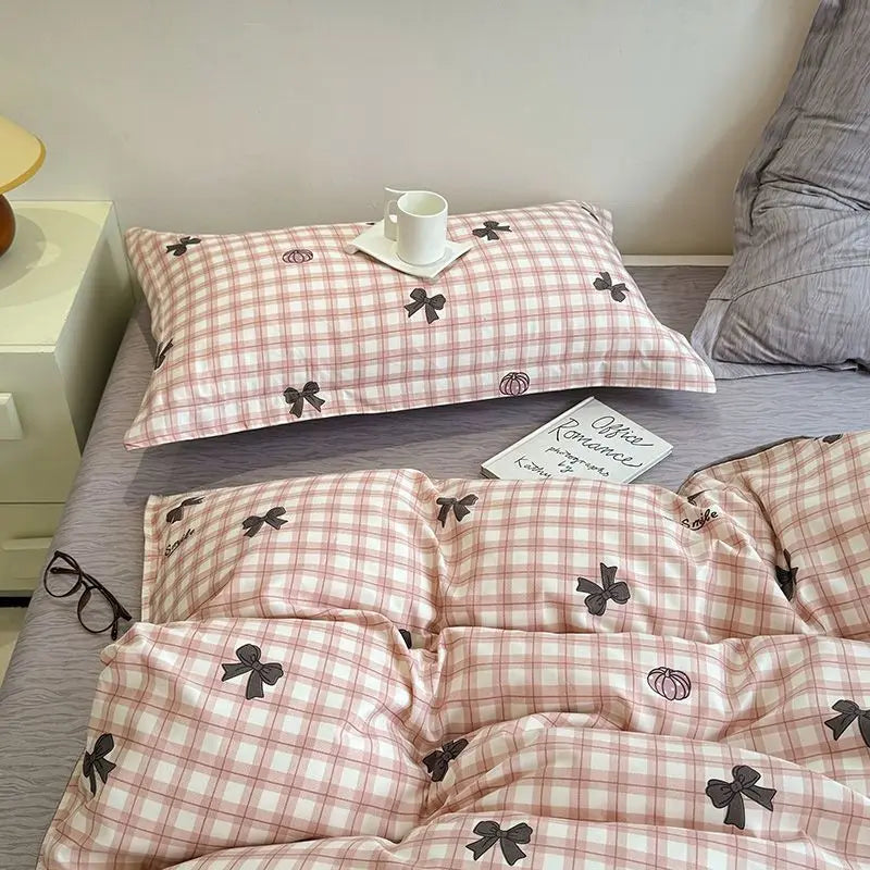 Duvet Cover Set Fashion Twin Double Size Girls Boys Flat Sheet Pillowcase No Filler Plaid Soft Bedding Set