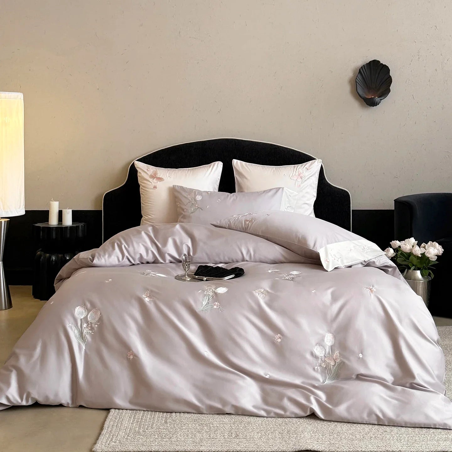 Pink Tulip Flowers Embroidery Luxury Bedding Set