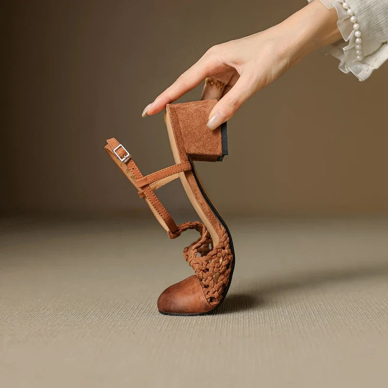 sheepskin woven hollow breathable retro high Heels