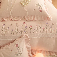 Pink Flowers Embroidery Lace Ruffles Velvet Luxury Bedding Set
