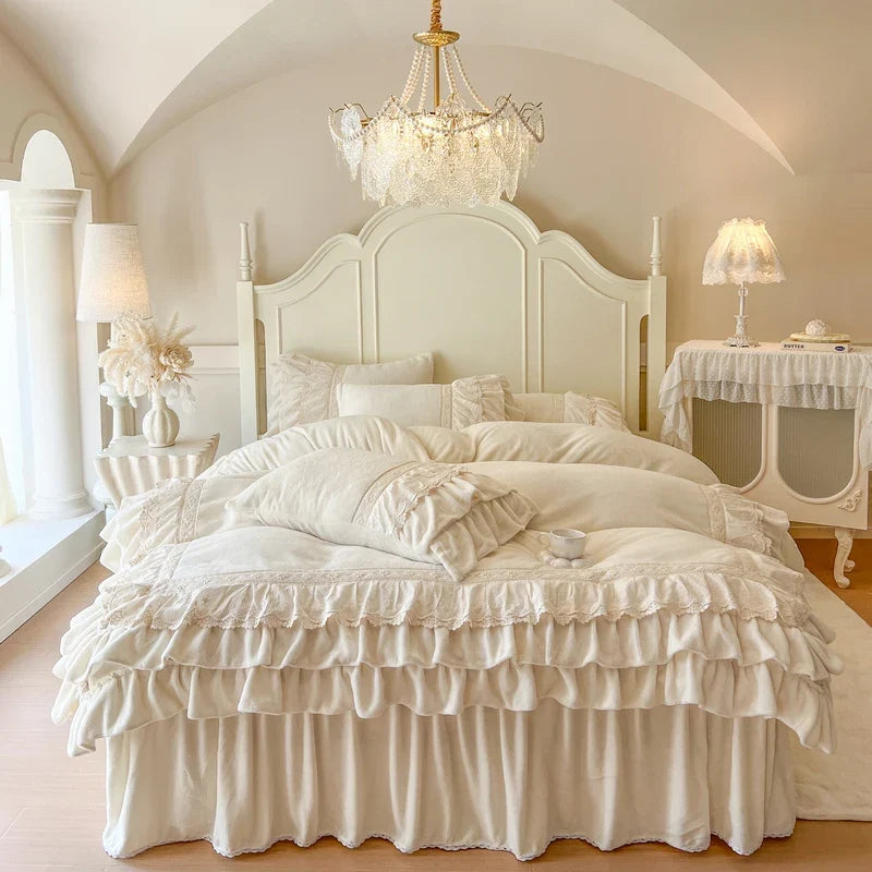 Romantic Three Layer Lace Ruffles Velvet Winter Warm Thickened Princess Bedding Set