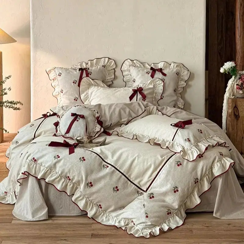 Cotton Linen Bedding Set, Cherry Embroidery with Ruffle & Bow, Farmhouse Style Duvet Cover Set, Soft Bed Linen Pillowcases 4Pcs