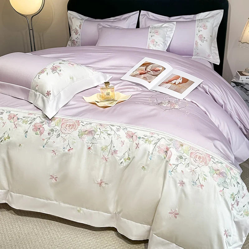 100% Cotton Chic Flowers Embroidery Luxury Double Queen King Size Bedding Set