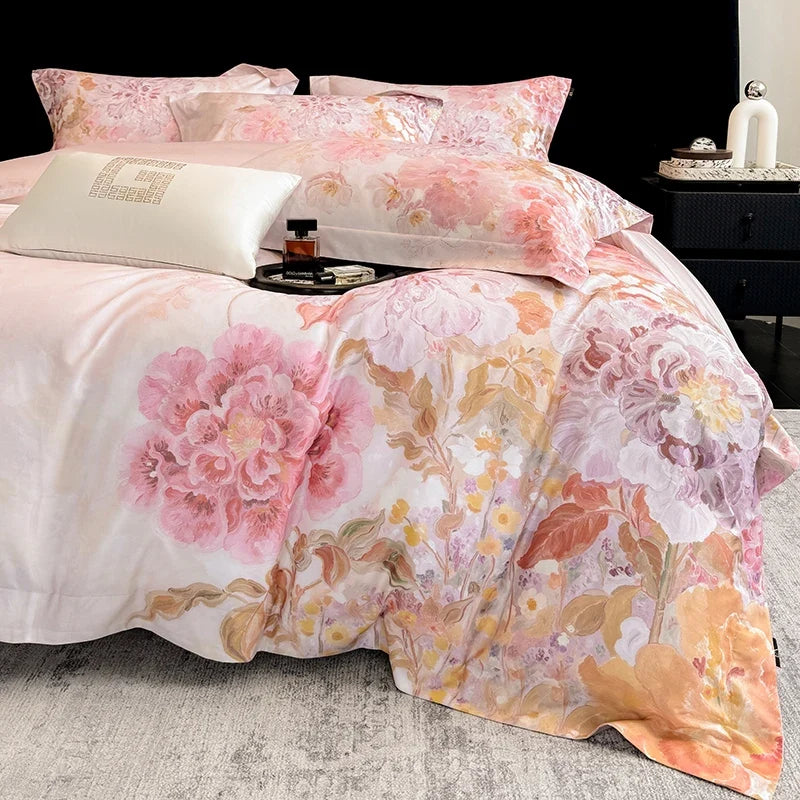 1000TC Egyptian Cotton Blooming Flowers Prints Luxury Queen King Size Bedding Set