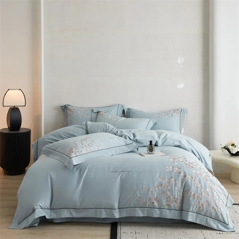 100% Cotton Brushed Autumn Winter Luxury Leaf Embroidery Bedding Set