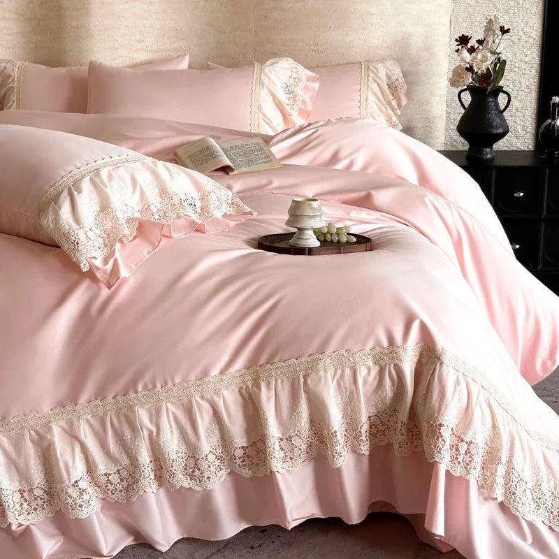 600TC Egyptian Cotton Romantic Lace Ruffles Princess Bedding Set