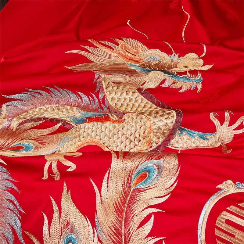 Chinese Style Wedding Gold Dragon Phoenix Embroidery 100S Egyptian Cotton Bedding Set