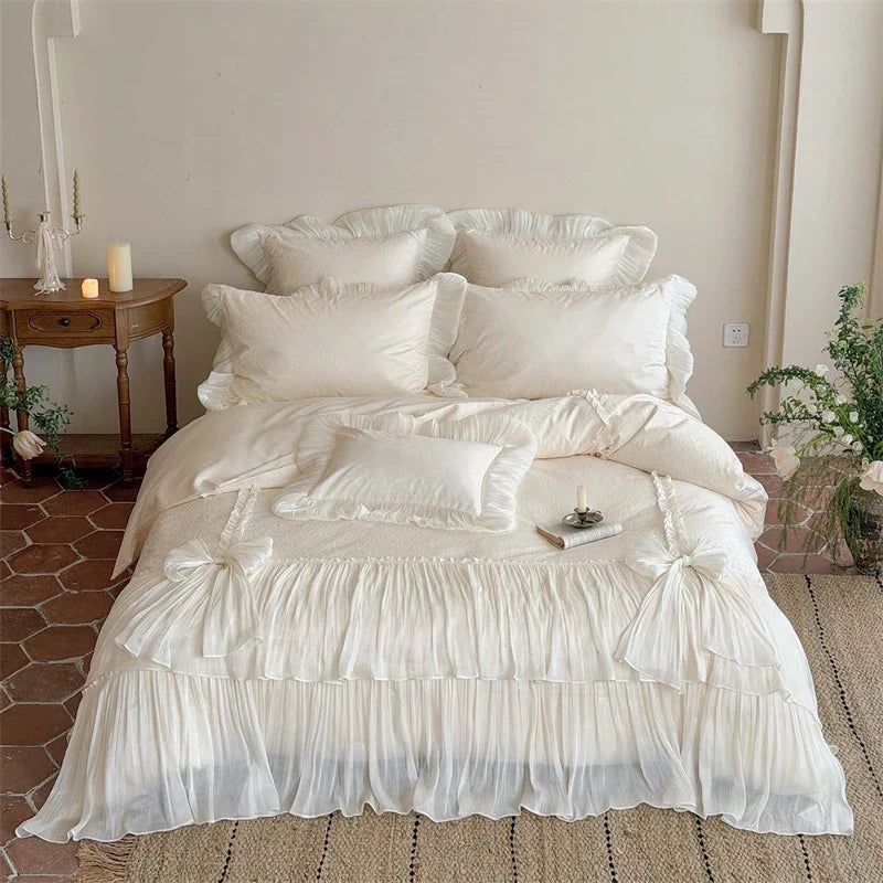 4Pcs Pink Ruffle Bow Lace Princess Wedding Bedding Set