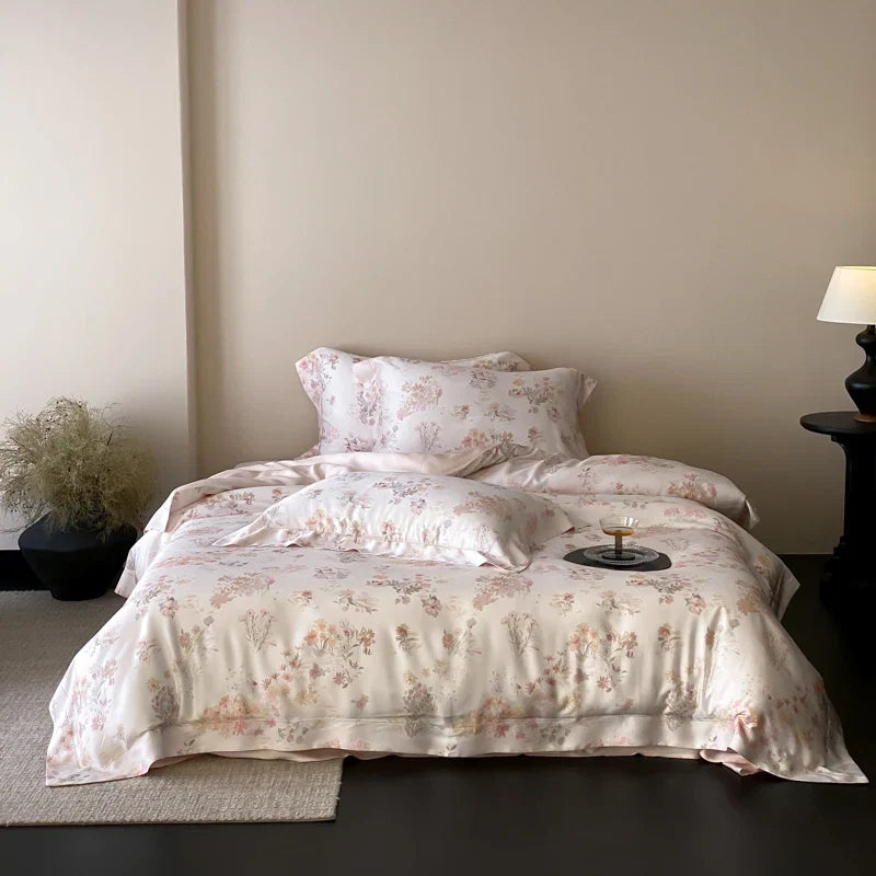 Luxury Lyocell Soft Silky Cooling Bedding Set, Watercolor Floral Print Duvet Cover Set, Bed Sheet/Fitted Sheet, Pillowcase, 4Pcs