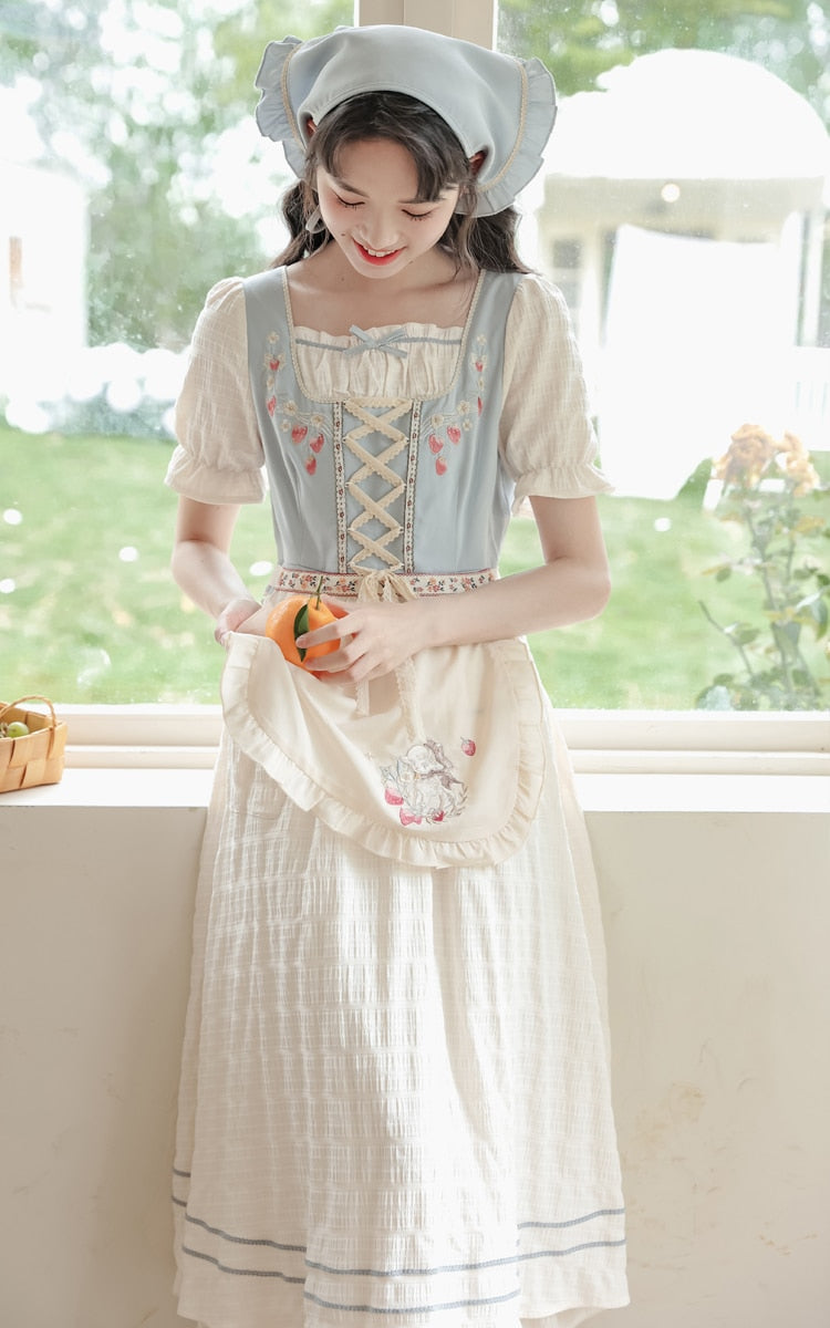 Strawberry Garden 3-Piece Set Cottagecore Dress with Head Scarf