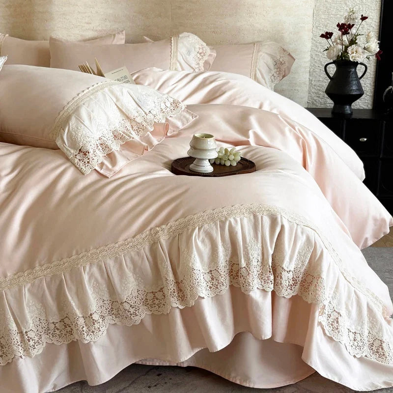 600TC Egyptian Cotton Romantic Lace Ruffles Princess Bedding Set