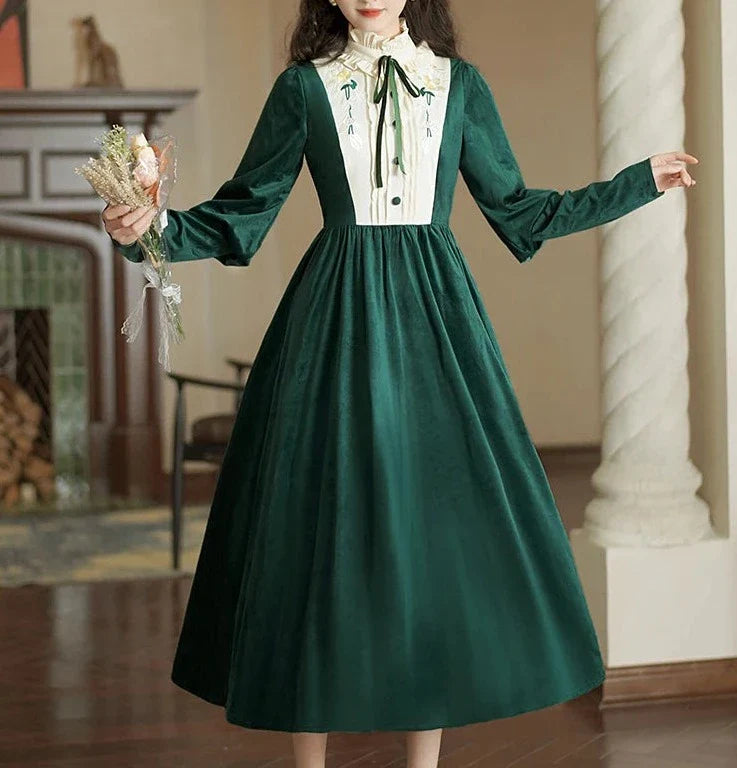 Imogen's Holiday Vintage-style Velvet Dress with Embroidery