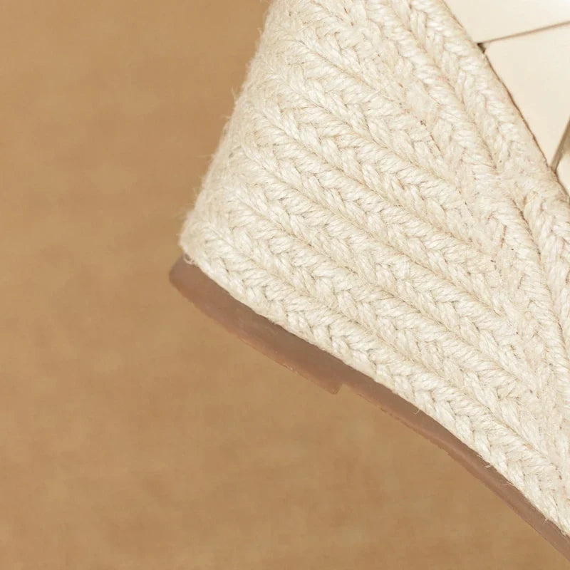 Square Headed Open Toe Real Leather Weaving Slope Heel