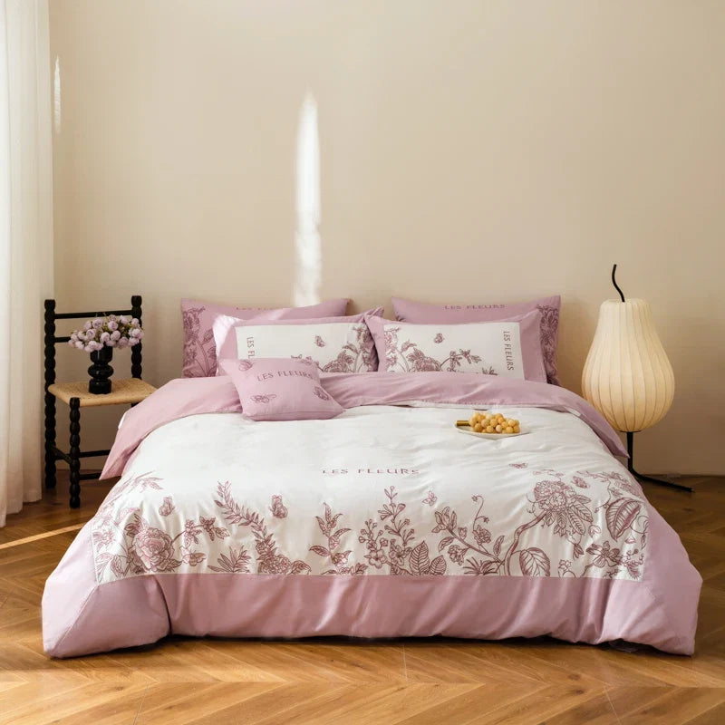 Rose Flowers Embroidery Luxury Bedding Set