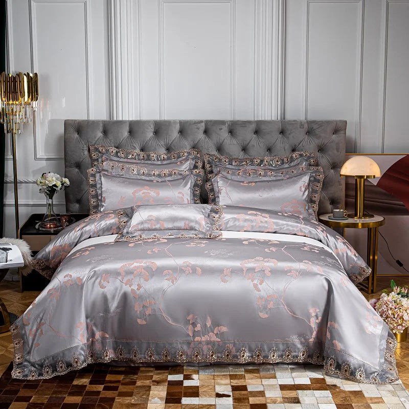 Luxury Euro Gold Satin Jacquard Lace Bedding Set