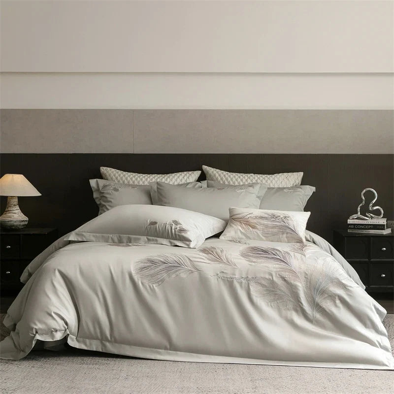 Luxury Feather Embroidery 100% Cotton Bedding Set