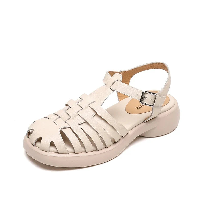 leather cowhide midsole elastic buckle thick sole hollow breathable toe Roman Shoes