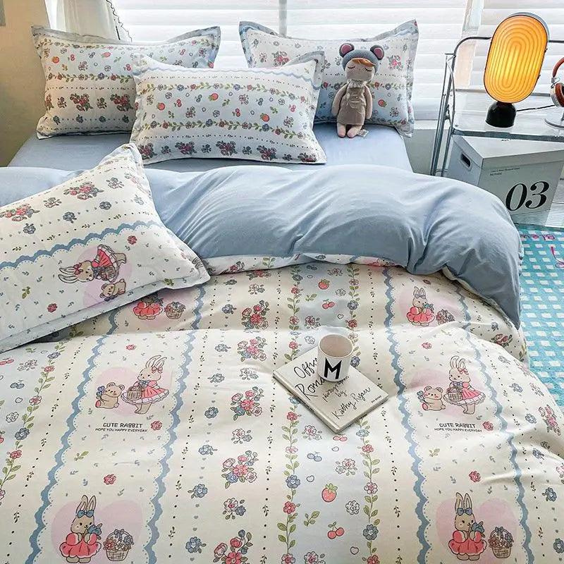 Cute Cartoon Duvet Cover Set No Filler Ins Full Queen Size Comforter Cover Sheet Pillowcase Skin-friendly Girl Home Bedding Set