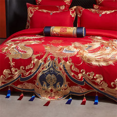 Chinese Style Wedding Gold Dragon Phoenix Embroidery Bedding Set