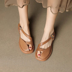 leather cowhide midsole hollow breathable loose buckle thick sole toe Roman Shoes