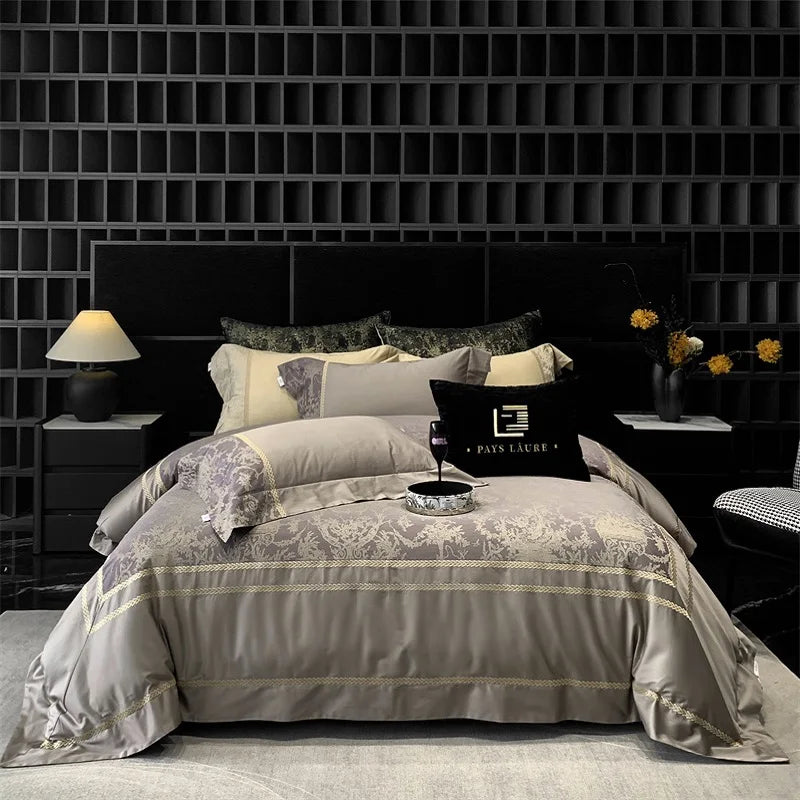 Champagne 1000TC Egyptian Cotton Yarn-dyed Jacquard Embroidery Luxury Bedding Set