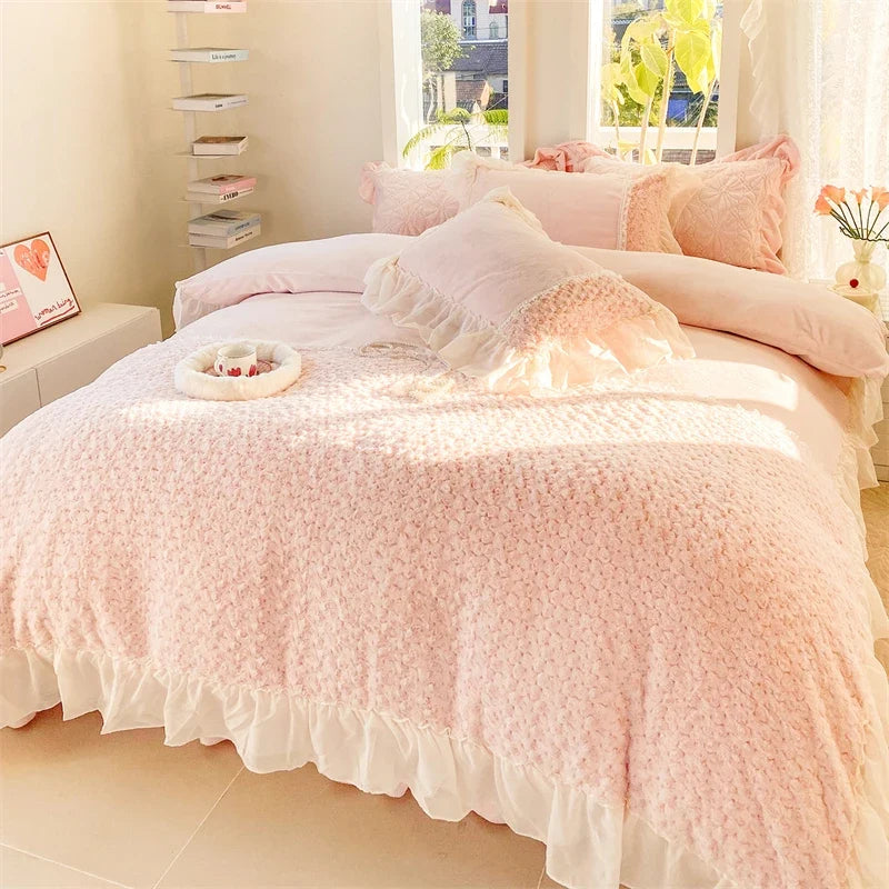 Pink Rose Flowers Short Plush Lace Ruffles Princess Bedding Set
