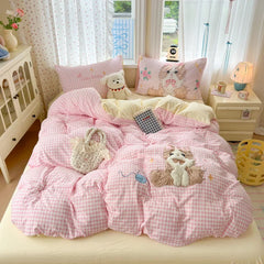 Cute Pink Cartoon Cat Bow Towel Embroidery Girls Kids Bedding Set