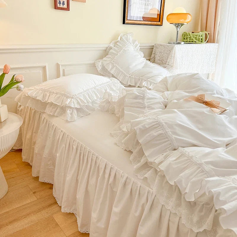 4Pcs White Korean Princess Style 100% Cotton Bedding Set
