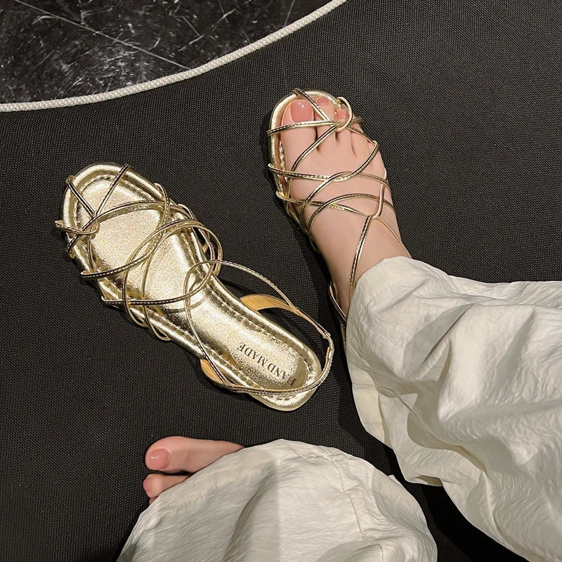 leather cowhide elastic band round toe low Heel