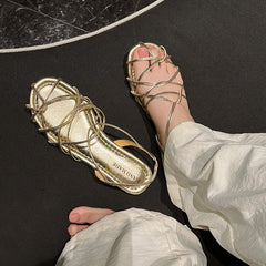 leather cowhide elastic band round toe low Heel