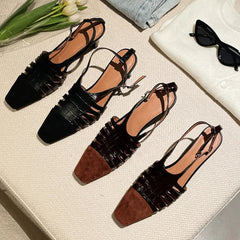 cowhide French square toe hollow breathable high-heeled toe closure sandals