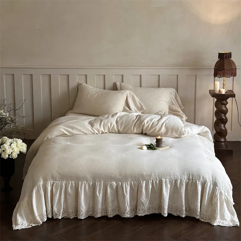 20% Linen And 80% Cotton Large Lace Ruffles Vintage French Luxury Bedding Set