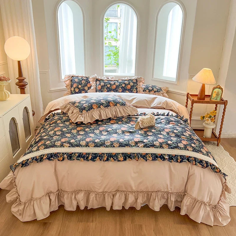 100% Cotton Floral Print Lace Princess Bedding Set