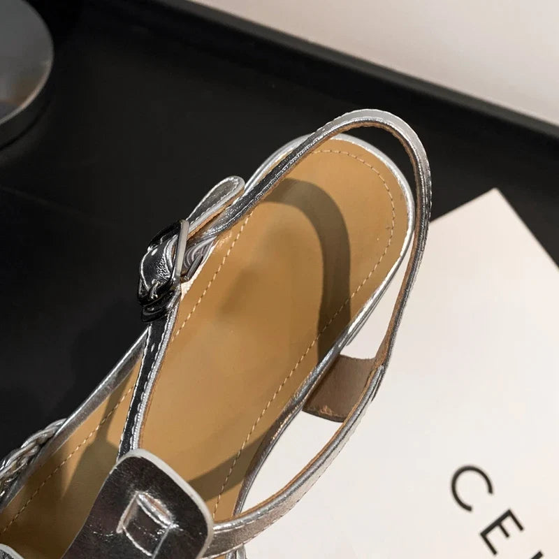 Square Head Cowhide Woven Hollow Out Comfortable and Breathable Low Heel