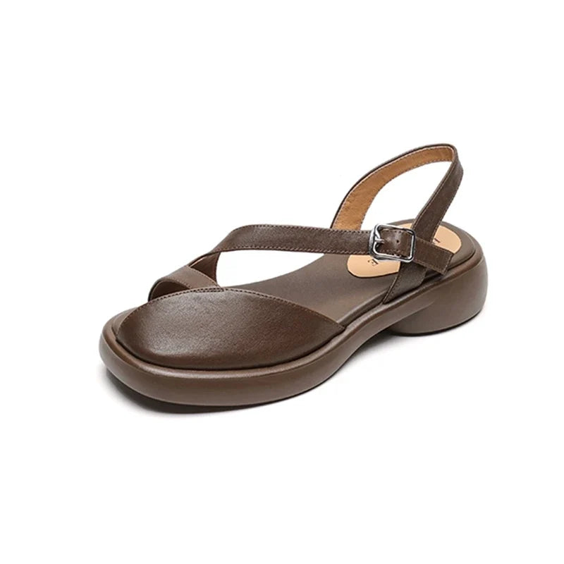 leather cowhide midsole hollow breathable loose buckle thick sole toe Roman Shoes