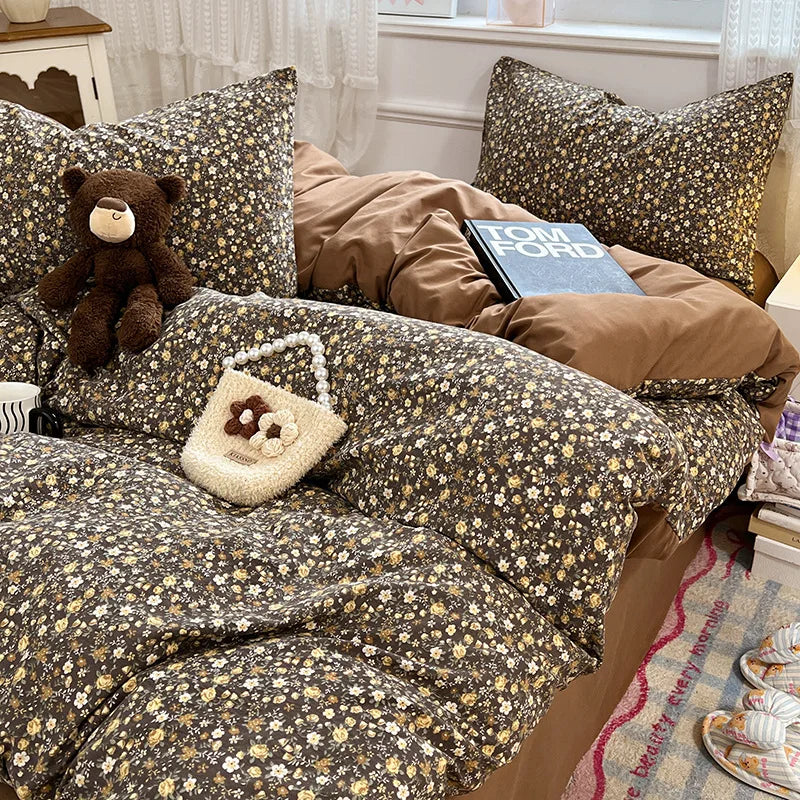 Japanese Floral Printed Duvet Cover Set Twin King Soft Homestay Bedding Set